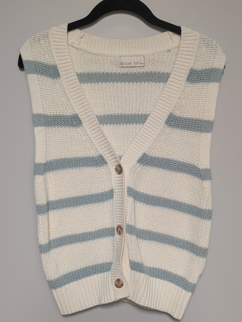 BE COOL Cream and Light Blue Striped Knit Button Vest